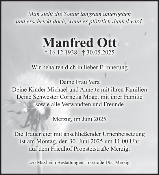 Todesanzeige von Manfred Ott von saarbruecker_zeitung