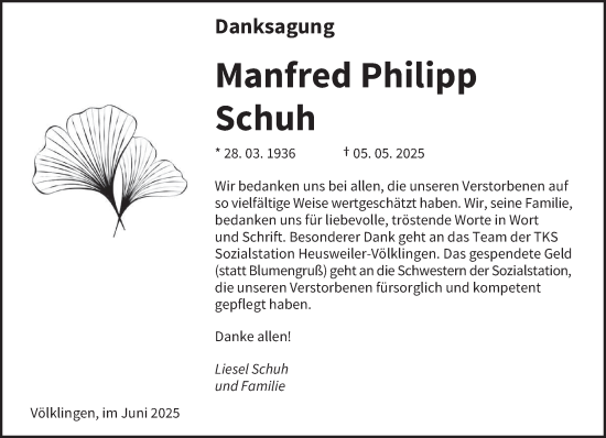 Todesanzeige von Manfred Philipp Schuh von saarbruecker_zeitung