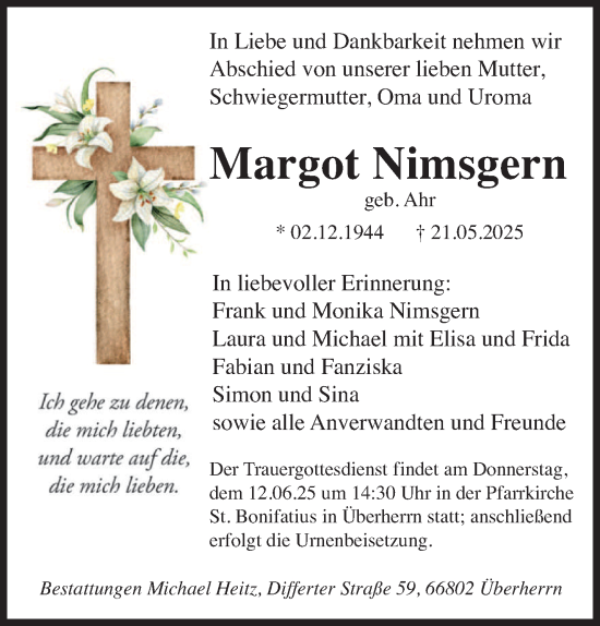 Todesanzeige von Margot Nimsgern von saarbruecker_zeitung