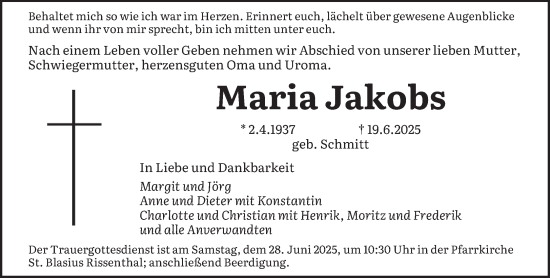 Todesanzeige von Maria Jakobs von saarbruecker_zeitung