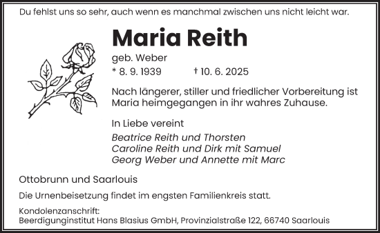 Todesanzeige von Maria Reith von saarbruecker_zeitung