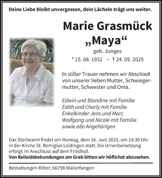 Todesanzeige von Marie Grasmück von saarbruecker_zeitung