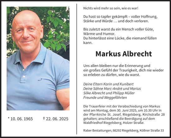 Todesanzeige von Markus Albrecht von saarbruecker_zeitung