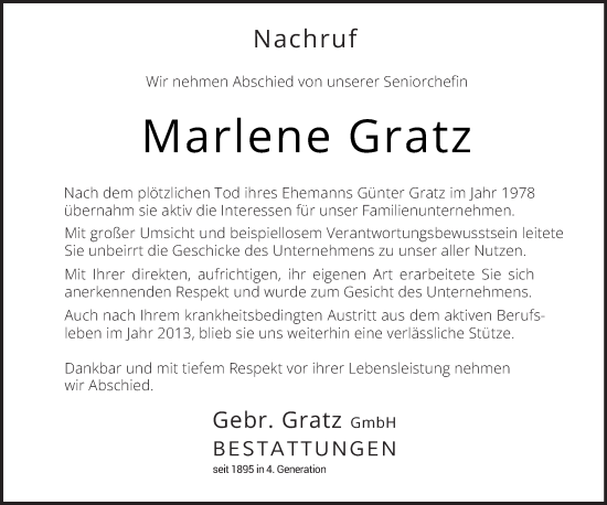 Todesanzeige von Marlene Gratz von saarbruecker_zeitung