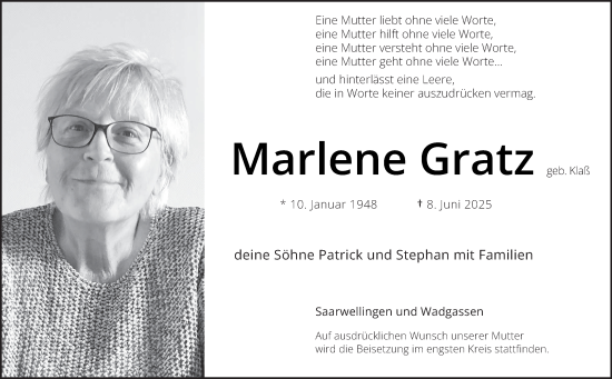 Todesanzeige von Marlene Gratz von saarbruecker_zeitung