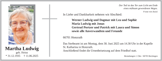 Todesanzeige von Martha Ludwig von saarbruecker_zeitung