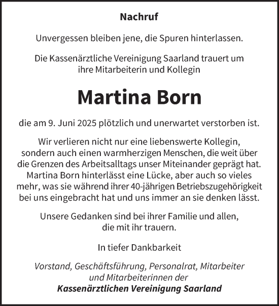 Todesanzeige von Martina Born von saarbruecker_zeitung