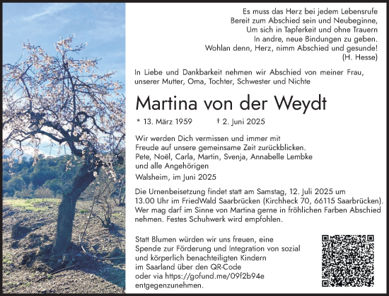 Todesanzeige von Martina von der Weydt von saarbruecker_zeitung