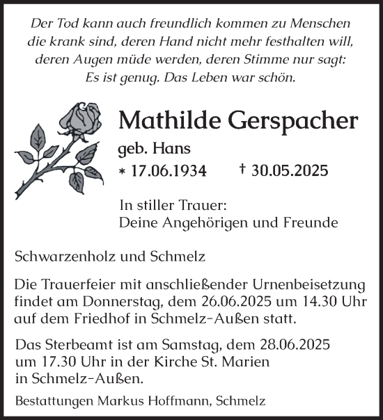 Todesanzeige von Mathilde Gerspacher von saarbruecker_zeitung