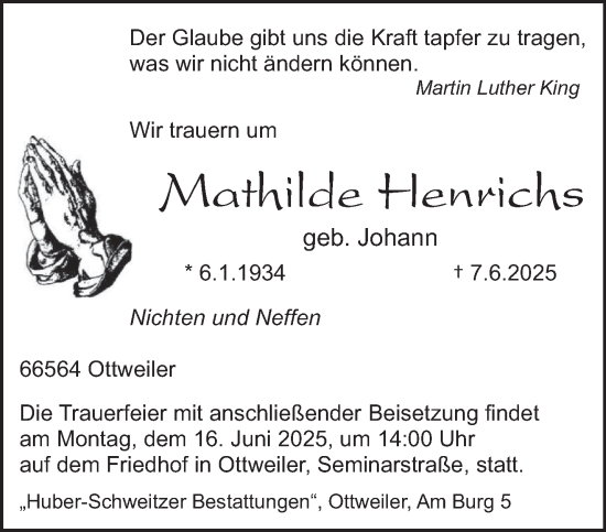 Todesanzeige von Mathilde Henrichs von saarbruecker_zeitung