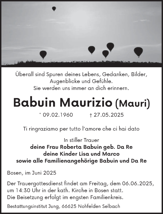 Todesanzeige von Maurizio Babuin von saarbruecker_zeitung