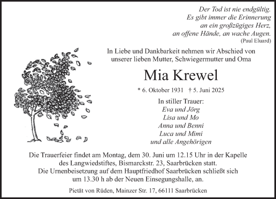 Todesanzeige von Mia Krewel von saarbruecker_zeitung