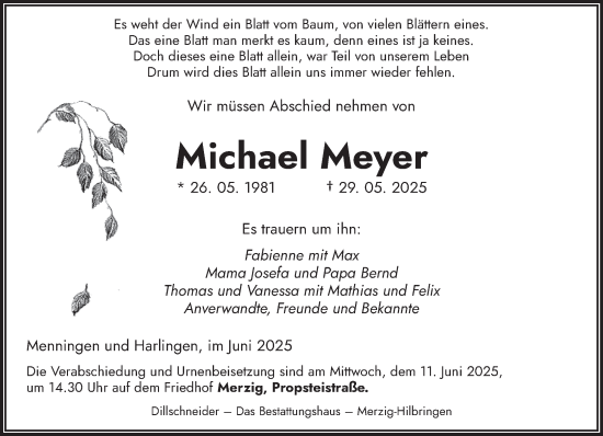 Todesanzeige von Michael Meyer von saarbruecker_zeitung