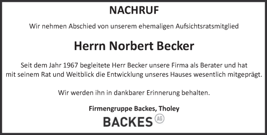 Todesanzeige von Norbert Becker von saarbruecker_zeitung