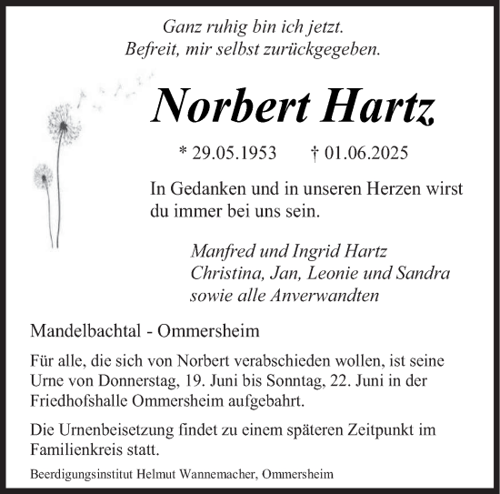 Todesanzeige von Norbert Hartz von saarbruecker_zeitung