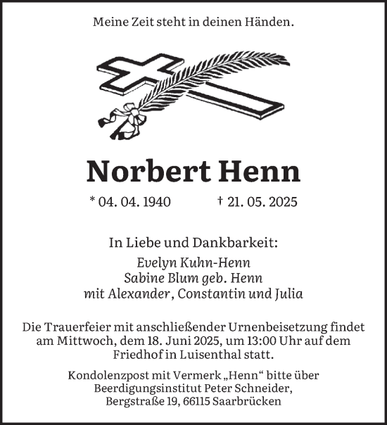 Todesanzeige von Norbert Henn von saarbruecker_zeitung