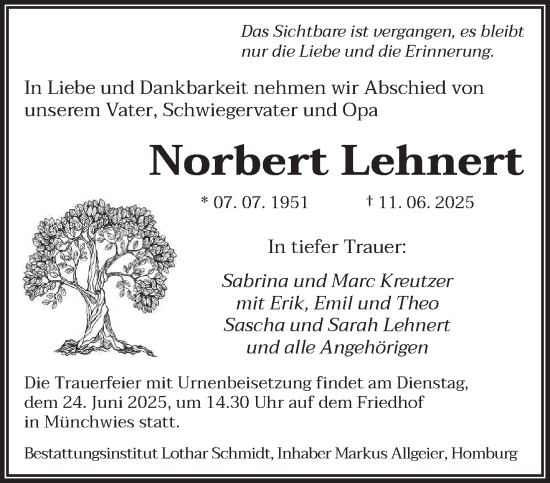 Todesanzeige von Norbert Lehnert von saarbruecker_zeitung