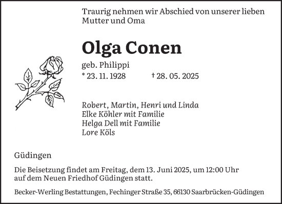 Todesanzeige von Olga Conen von saarbruecker_zeitung