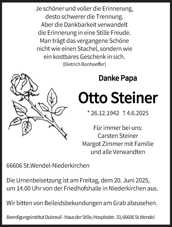 Todesanzeige von Otto Steiner von saarbruecker_zeitung