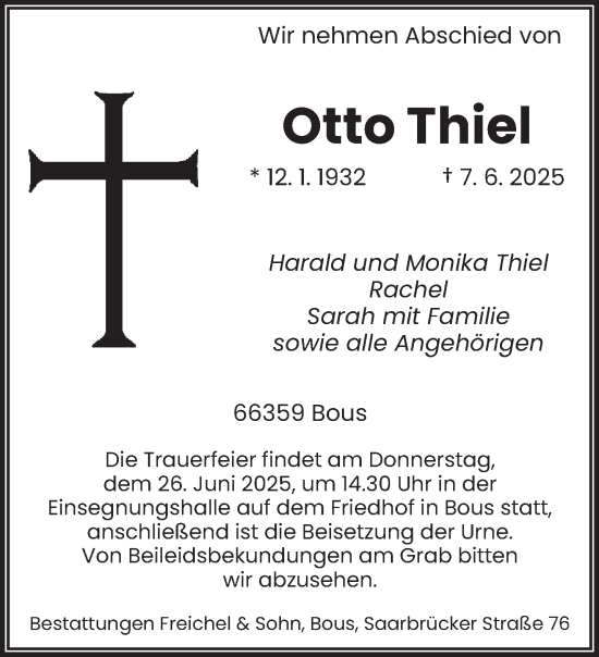 Todesanzeige von Otto Thiel von saarbruecker_zeitung
