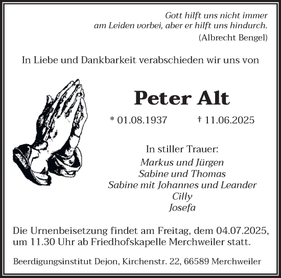 Todesanzeige von Peter Alt von saarbruecker_zeitung