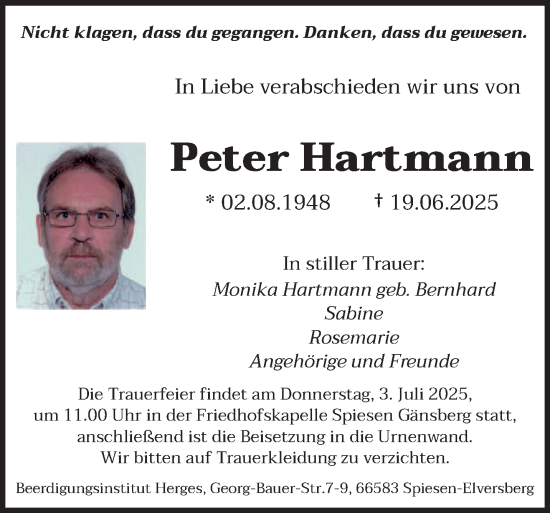 Todesanzeige von Peter Hartmann von saarbruecker_zeitung