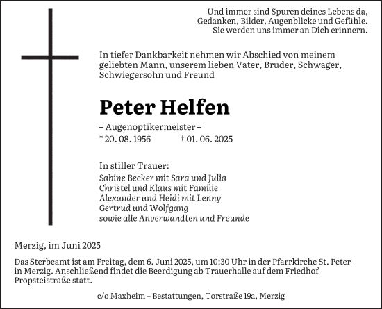 Todesanzeige von Peter Helfen von saarbruecker_zeitung