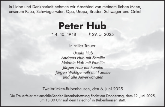 Todesanzeige von Peter Hub von saarbruecker_zeitung