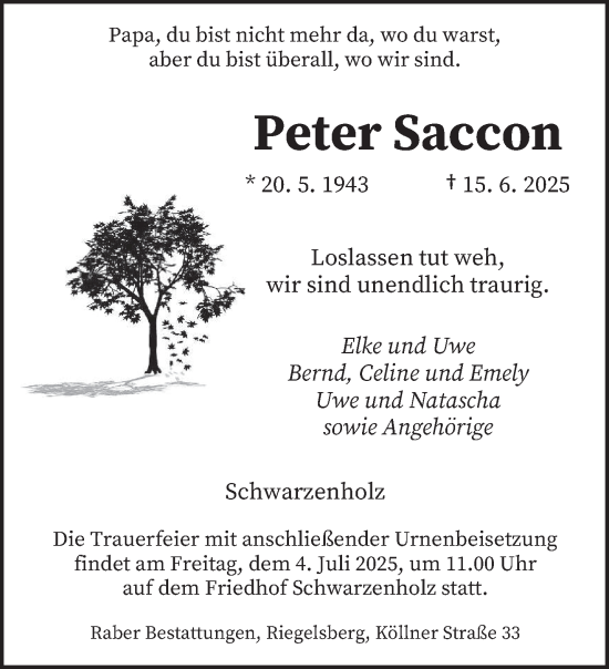Todesanzeige von Peter Saccon von saarbruecker_zeitung
