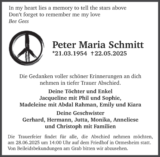 Todesanzeige von Peter Maria Schmitt von saarbruecker_zeitung