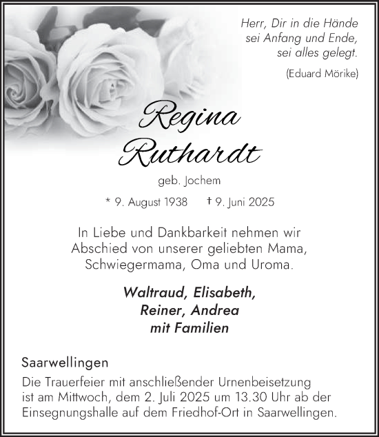 Todesanzeige von Regina Ruthardt von saarbruecker_zeitung