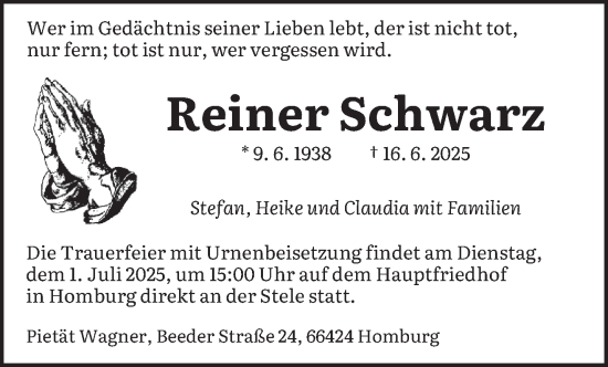 Todesanzeige von Reiner Schwarz von saarbruecker_zeitung