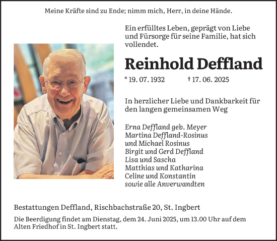Todesanzeige von Reinhold Deffland von saarbruecker_zeitung