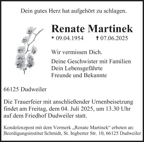 Todesanzeige von Renate Martinek von saarbruecker_zeitung