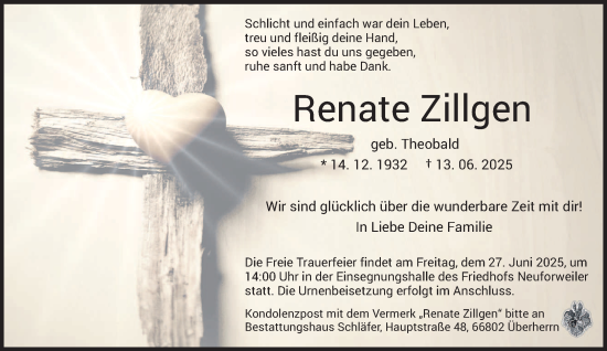 Todesanzeige von Renate Zillgen von saarbruecker_zeitung