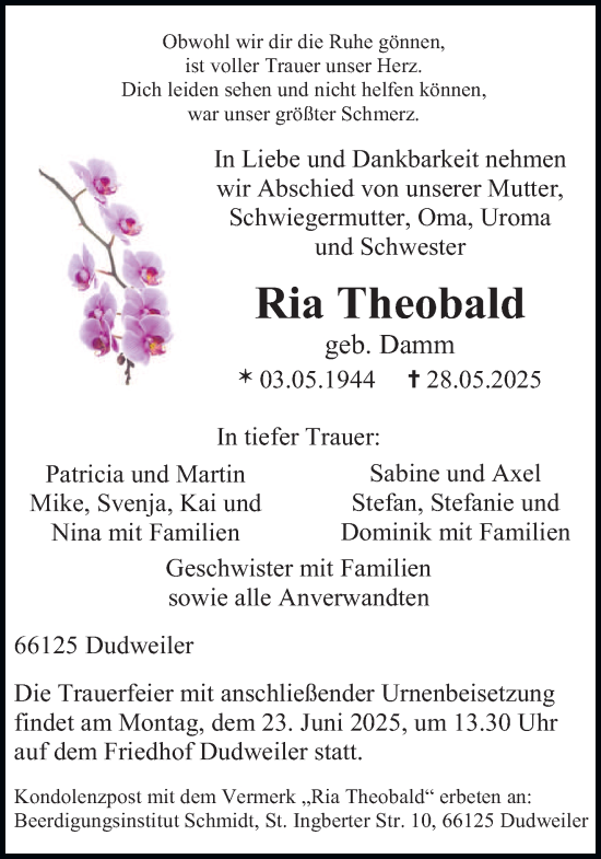 Todesanzeige von Ria Theobald von saarbruecker_zeitung