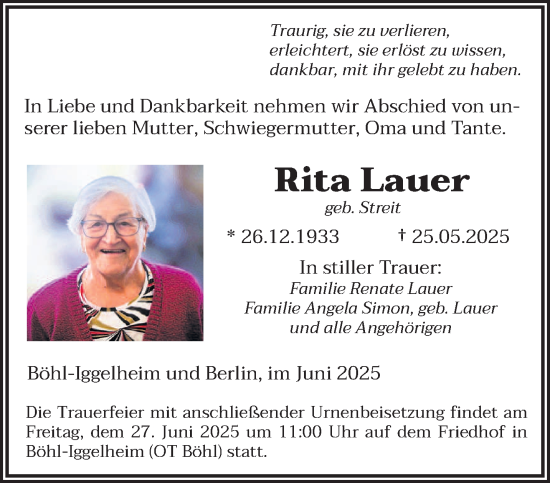 Todesanzeige von Rita Lauer von saarbruecker_zeitung
