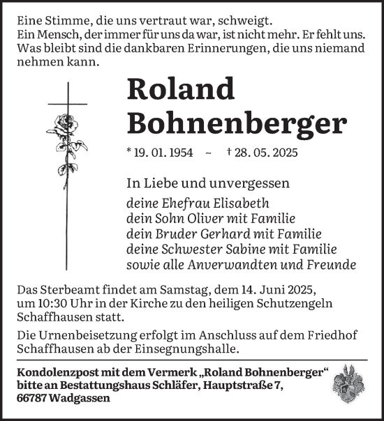 Todesanzeige von Roland Bohnenberger von saarbruecker_zeitung