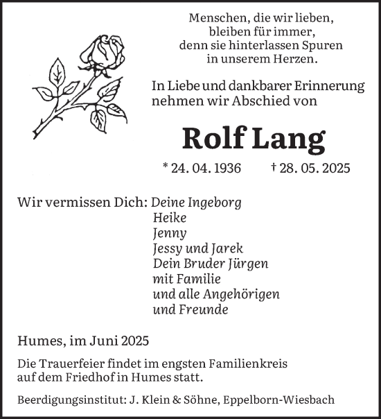 Todesanzeige von Rolf Lang von saarbruecker_zeitung