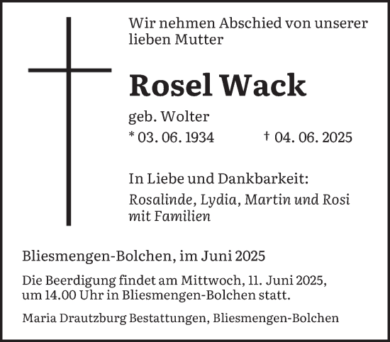 Todesanzeige von Rosel Wack von saarbruecker_zeitung