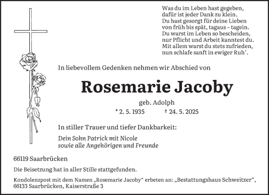 Todesanzeige von Rosemarie Jacoby von saarbruecker_zeitung