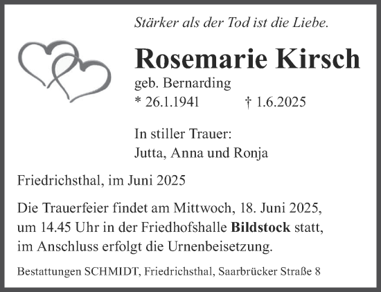 Todesanzeige von Rosemarie Kirsch von saarbruecker_zeitung