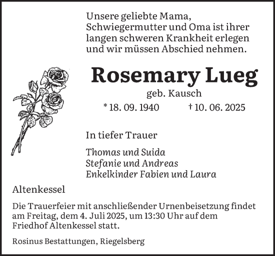 Todesanzeige von Rosemary Lueg von saarbruecker_zeitung