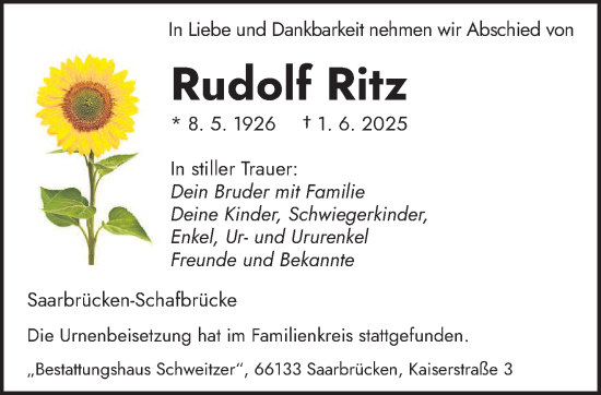 Todesanzeige von Rudolf Ritz von saarbruecker_zeitung