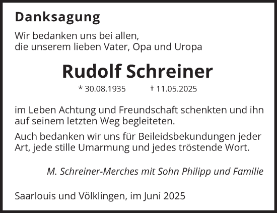 Todesanzeige von Rudolf Schreiner von saarbruecker_zeitung