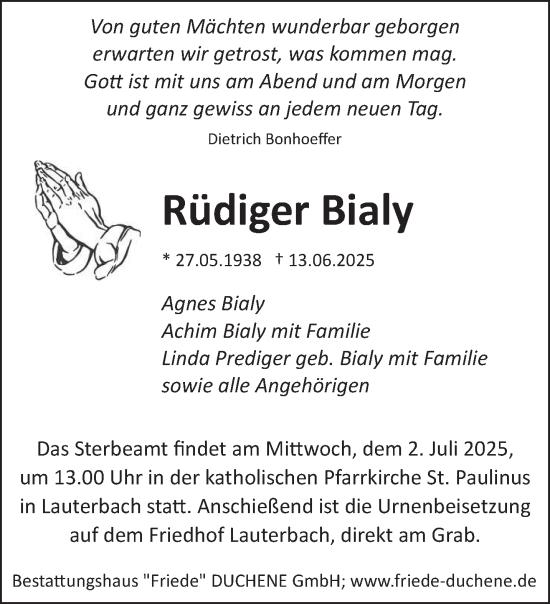 Todesanzeige von Rüdiger Bialy von saarbruecker_zeitung