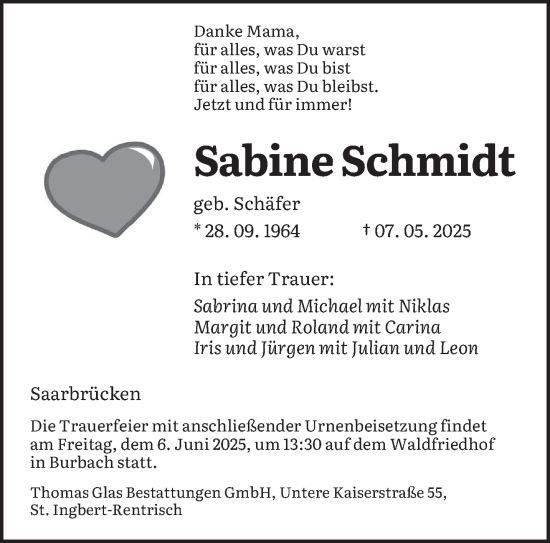 Todesanzeige von Sabine Schmidt von saarbruecker_zeitung