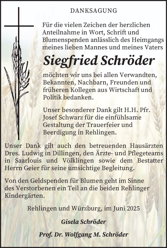 Todesanzeige von Siegfried Schröder von saarbruecker_zeitung