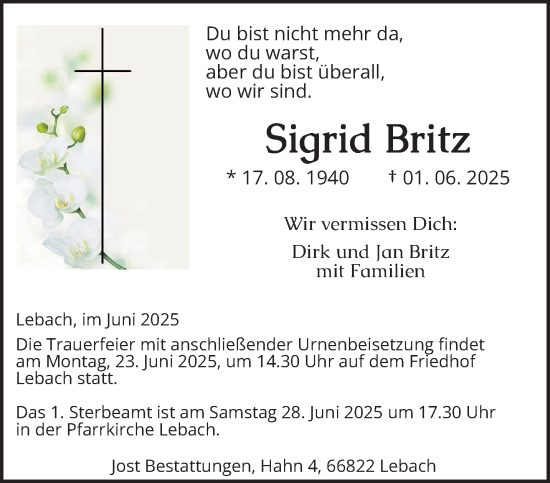 Todesanzeige von Sigrid Britz von saarbruecker_zeitung