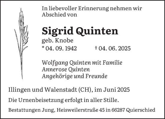 Todesanzeige von Sigrid Quinten von saarbruecker_zeitung